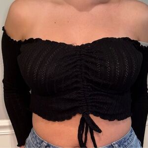 SHEIN Off The Shoulder Black Cropped Long Sleeve Front Tie | Size M